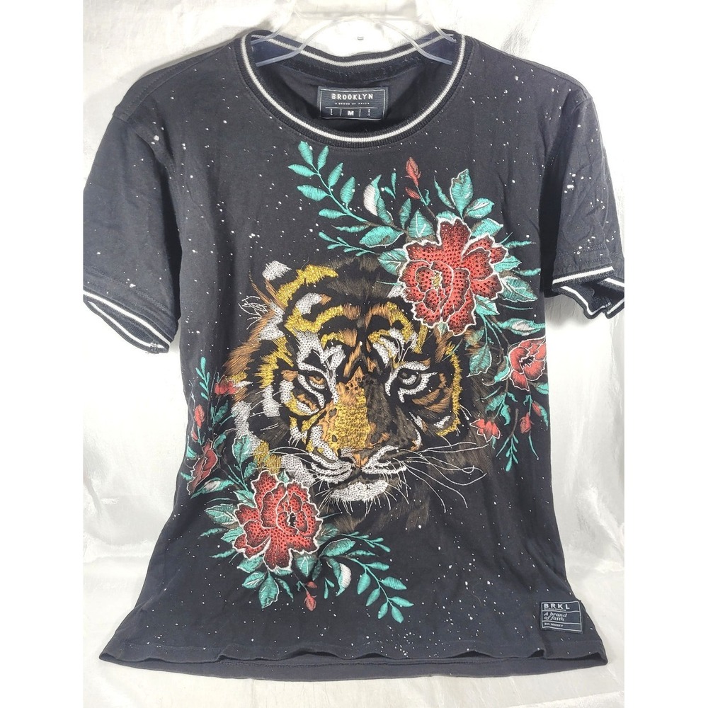 Brooklyn BRKL A Brand of Faith Women's Tiger Roses Rhinestones Tshirt - Black M